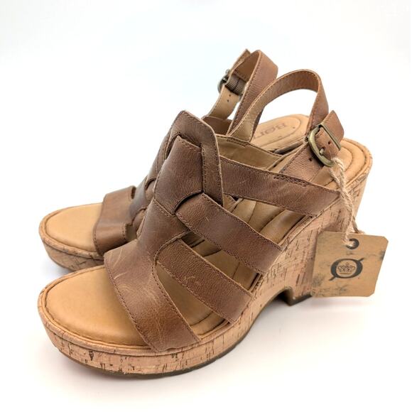 Born Bernese Cage Leather Platform Cork Wedge Sandal Brown Women's Size US9M - Picture 1 of 8